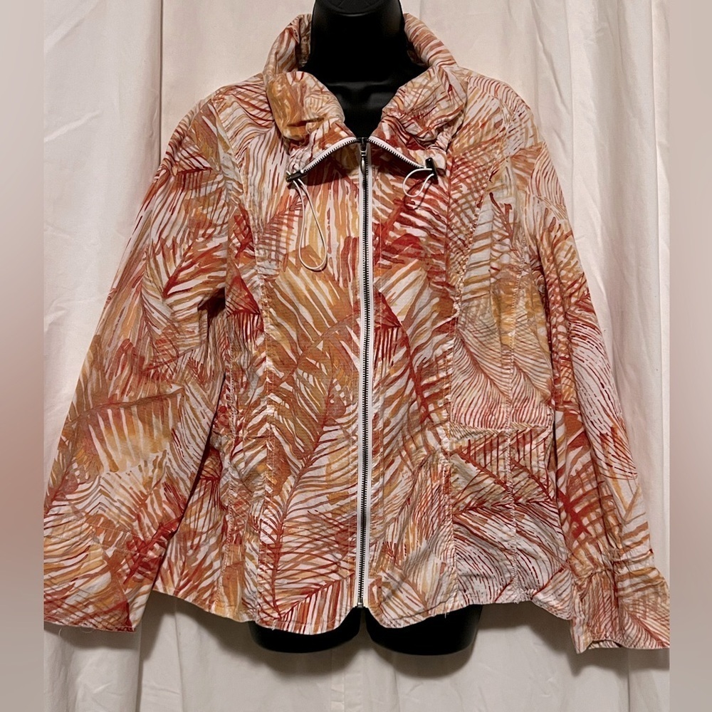 Chico's Orange Leaf Print Cotton Blend Jacket, Zip Front, Size 3 (L)